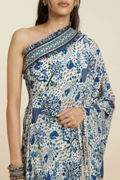 SVA Safar Blue Jaal Print One-Shoulder Sari Pant Set -Echo Clohting Shop 181123sva91 6