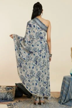 SVA Safar Blue Jaal Print One-Shoulder Sari Pant Set -Echo Clohting Shop 181123sva91 7