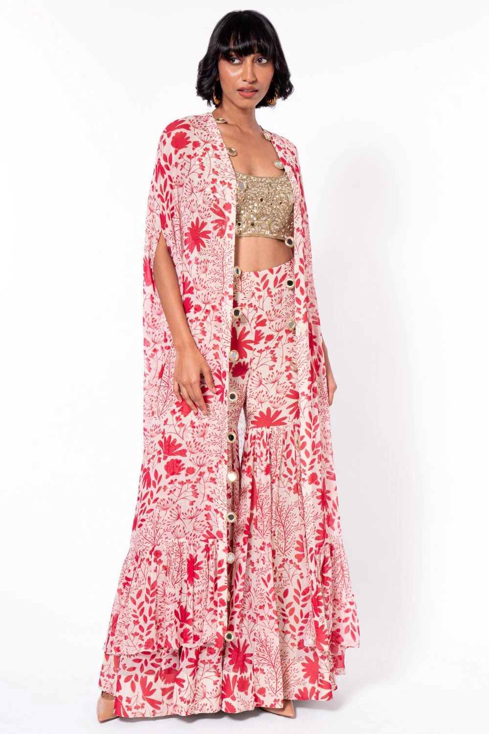 Arpita Mehta Red & White Printed Sharara With Bustier & Cape 2 Arpita Mehta Red & White Printed Sharara With Bustier & Cape - Image 2