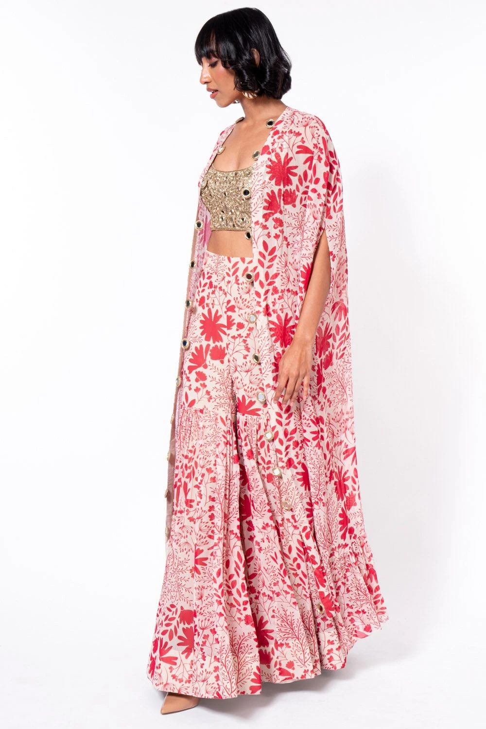 Arpita Mehta Red & White Printed Sharara With Bustier & Cape 3 Arpita Mehta Red & White Printed Sharara With Bustier & Cape - Image 3