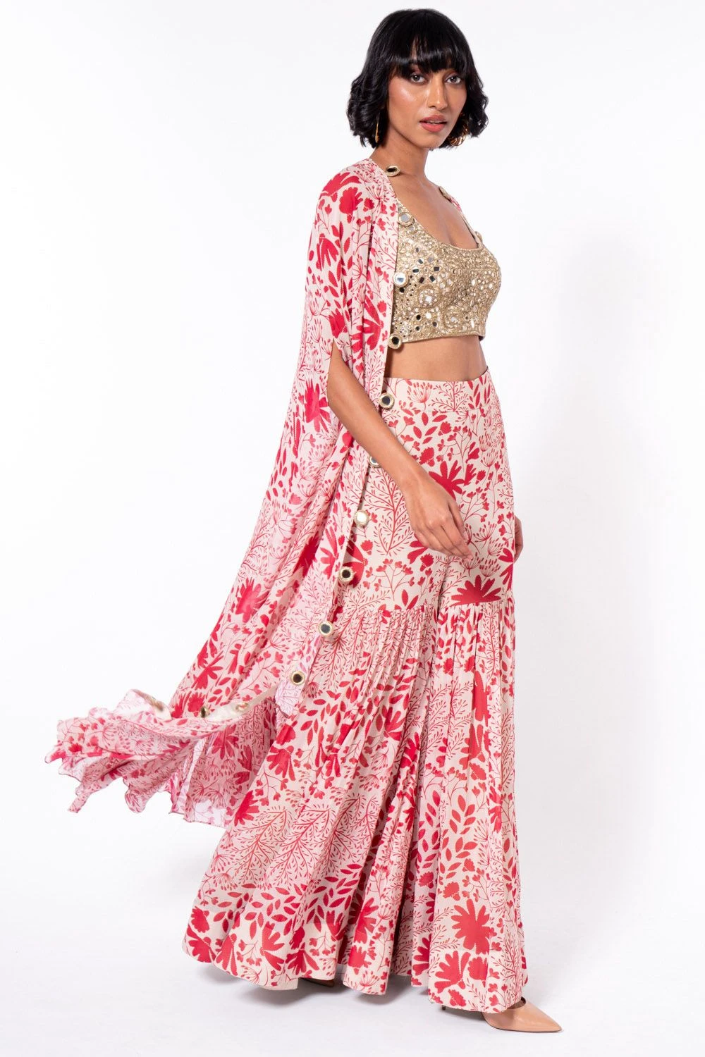 Arpita Mehta Red & White Printed Sharara With Bustier & Cape 4 Arpita Mehta Red & White Printed Sharara With Bustier & Cape - Image 4