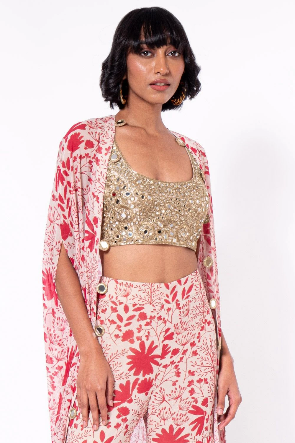 Arpita Mehta Red & White Printed Sharara With Bustier & Cape 5 Arpita Mehta Red & White Printed Sharara With Bustier & Cape - Image 5