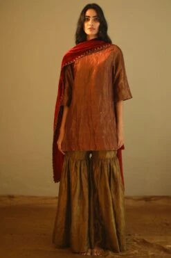 Shorshe Rust Red Handloom Tissue Sharara Set