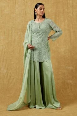 Ahilian Sage Green Crystal Embellished Sharara Set