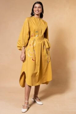 GRAINE Mustard Doodle Embroidery Dress