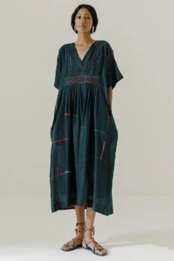 Sunira Designs Green Mool Kaftan Midi Dress