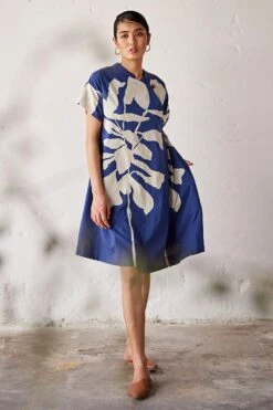 Khara Kapas Navy Blue Lino Printed Overlap Dress