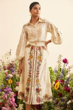 Chandrima Ivory Buttondown Threadwork Skirt
