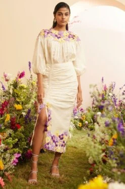 Chandrima Ivory Floral Gathered Skirt