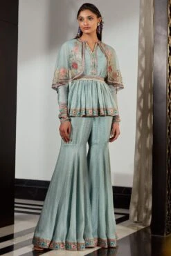 Ridhi Mehra Sea Blue Embellished Cape Peplum & Sharara Set