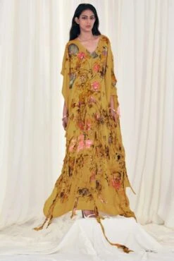 AK-OK By Anamika Khanna Yellow Floral Kaftan With Ruffles -Echo Clohting Shop 21092023ak03 1