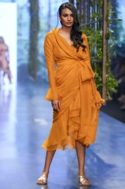 Gauri & Nainika Mustard Ruffled Wrap Dress -Echo Clohting Shop 2112gn01 3