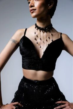Shorshe Black Plunge Neck Velvet Top