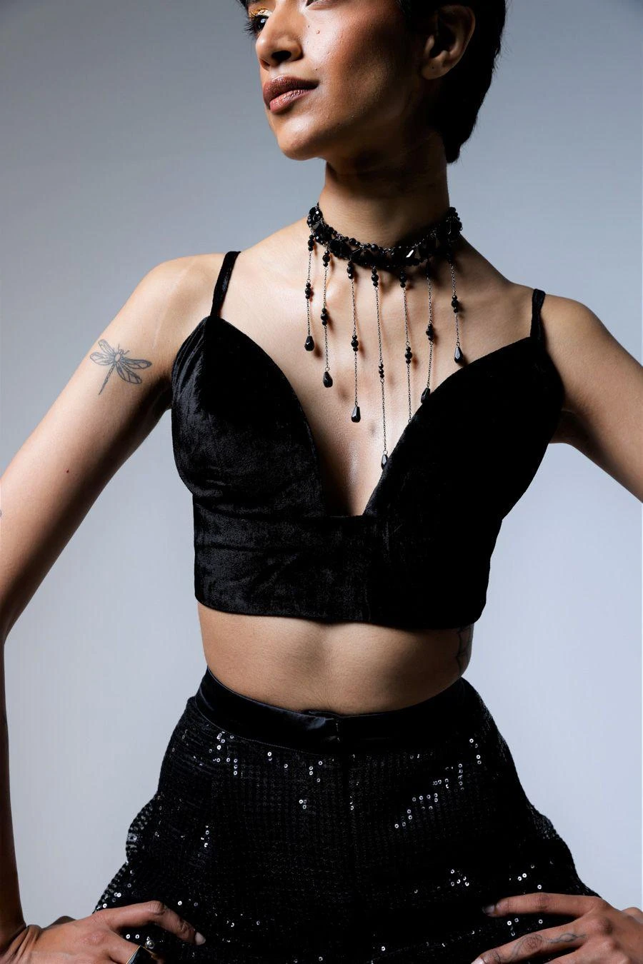 Shorshe Black Plunge Neck Velvet Top 1 Shorshe Black Plunge Neck Velvet Top