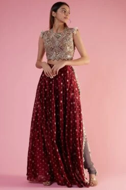 Payal Singhal Maroon Embroidered Choli And Skirt Set