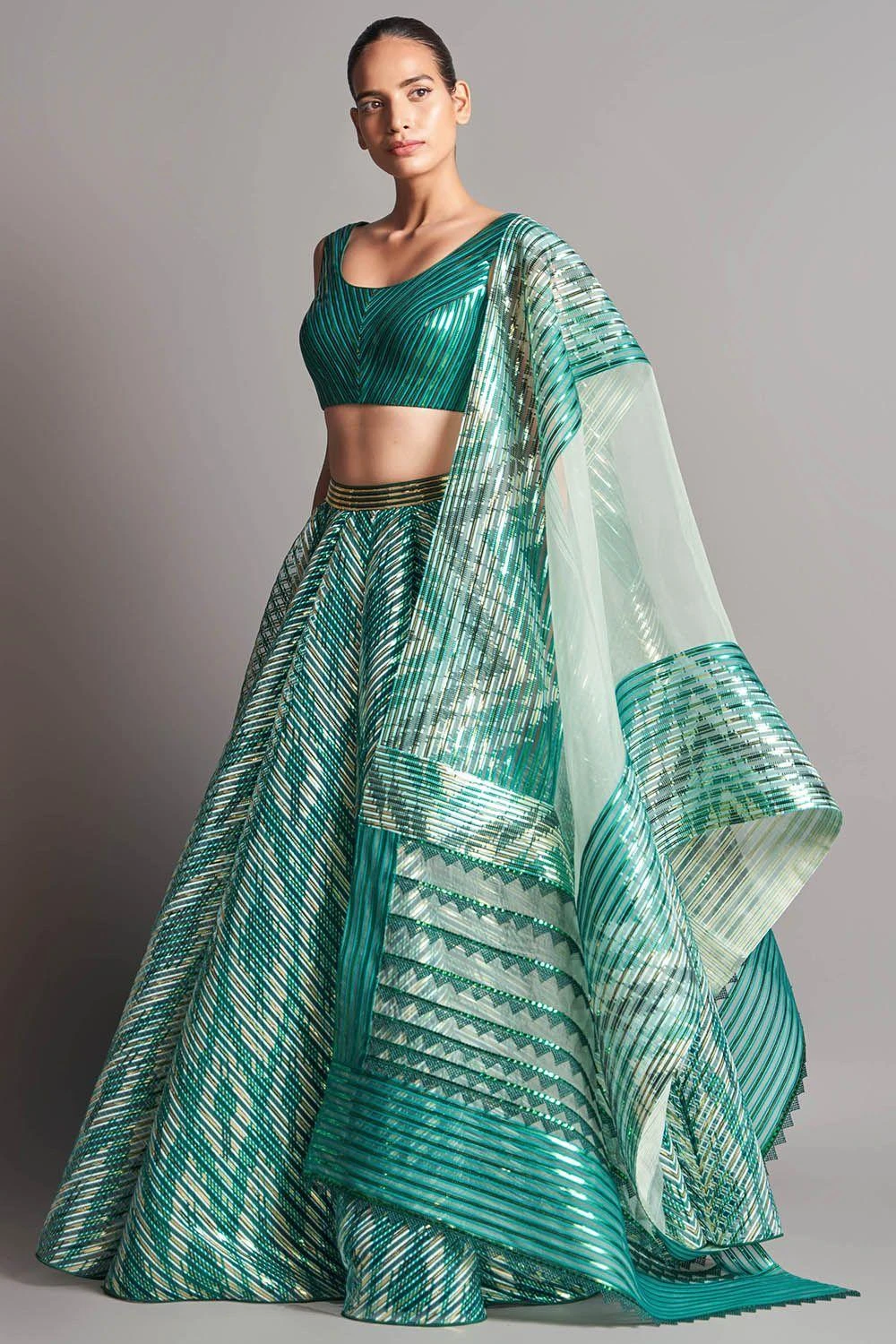 Amit Aggarwal Emerald Metallic Structured Lehenga 1 Amit Aggarwal Emerald Metallic Structured Lehenga