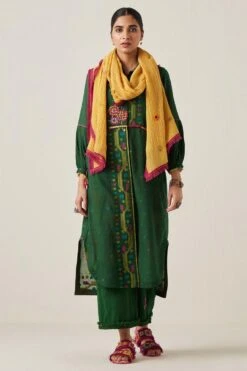 Sunira Designs Green Gulzaar Khadi Frayed Pants