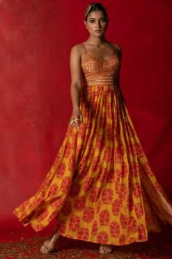 Pooja Keyur Yellow Aari Embroidered Maxi Dress