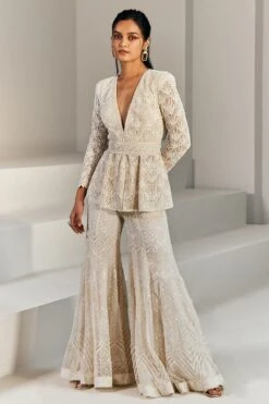Ritika Mirchandani Ivory Hand Embroidered Peplum & Sharara With Belt