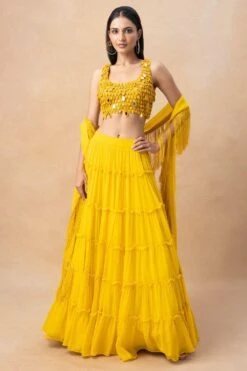 Arpita Mehta Yellow Tiered Lehenga Set