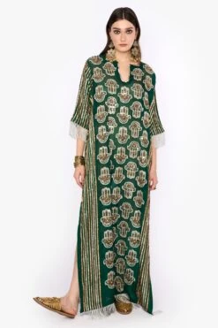 Heirloom By Rara Avis Deep Green Hamsa Embroidered Column Dress