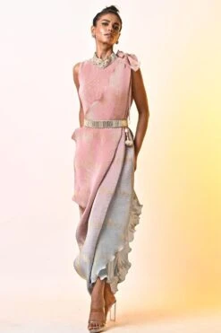 Kiran Uttam Ghosh Salmon Embellished Draped Dress -Echo Clohting Shop 241123kug01 3