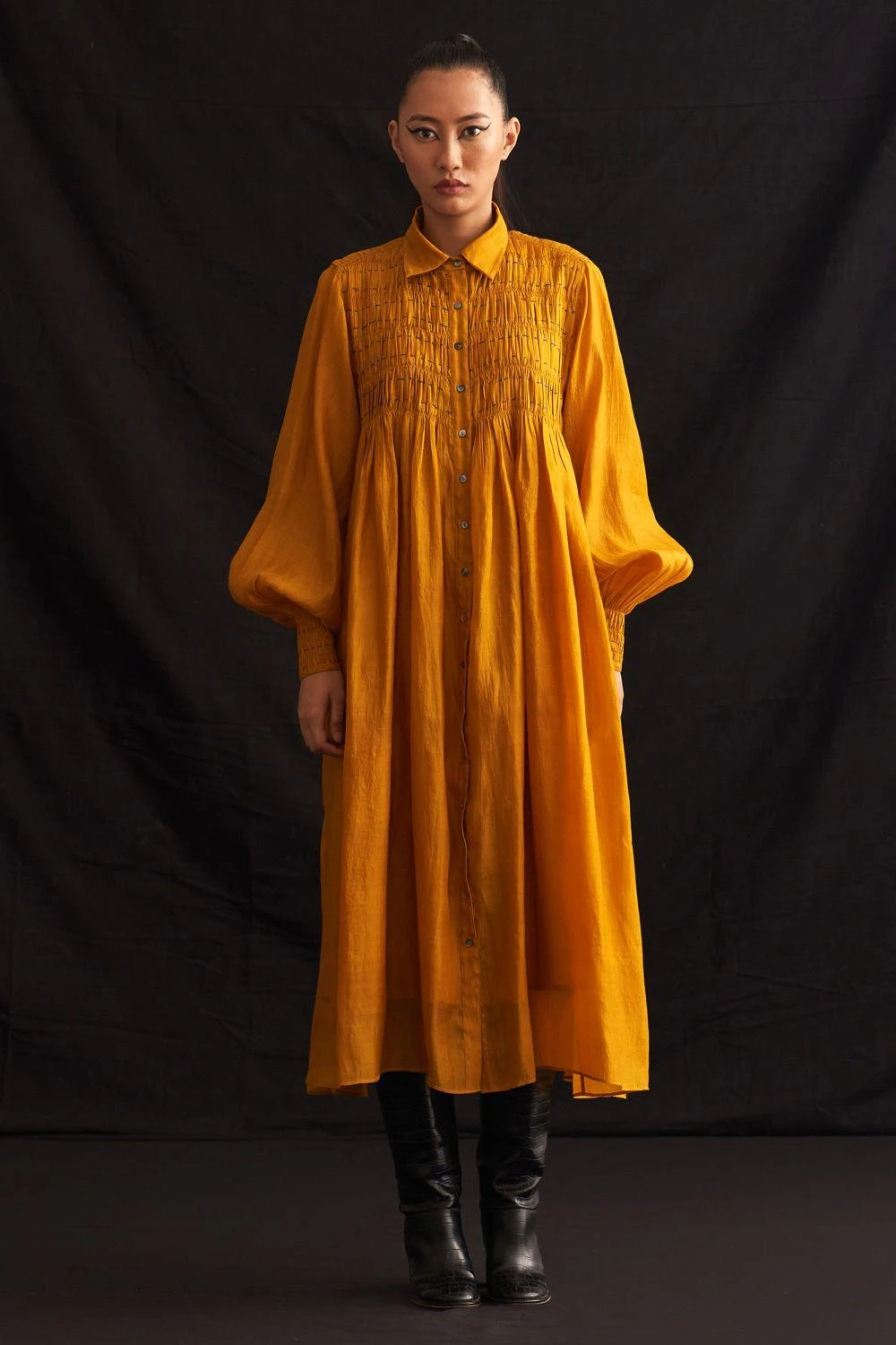 Amrich Michi Yellow Hand Embellished Button Down Dress 1 Amrich Michi Yellow Hand Embellished Button Down Dress