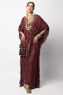 Heirloom By Rara Avis Maroon Hamsa Embroidered Kaftan