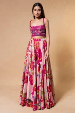 Saaksha & Kinni Pink Mirror Embellished Lehenga Set