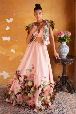 Varun Bahl Light Pink Corsage Gilet Set