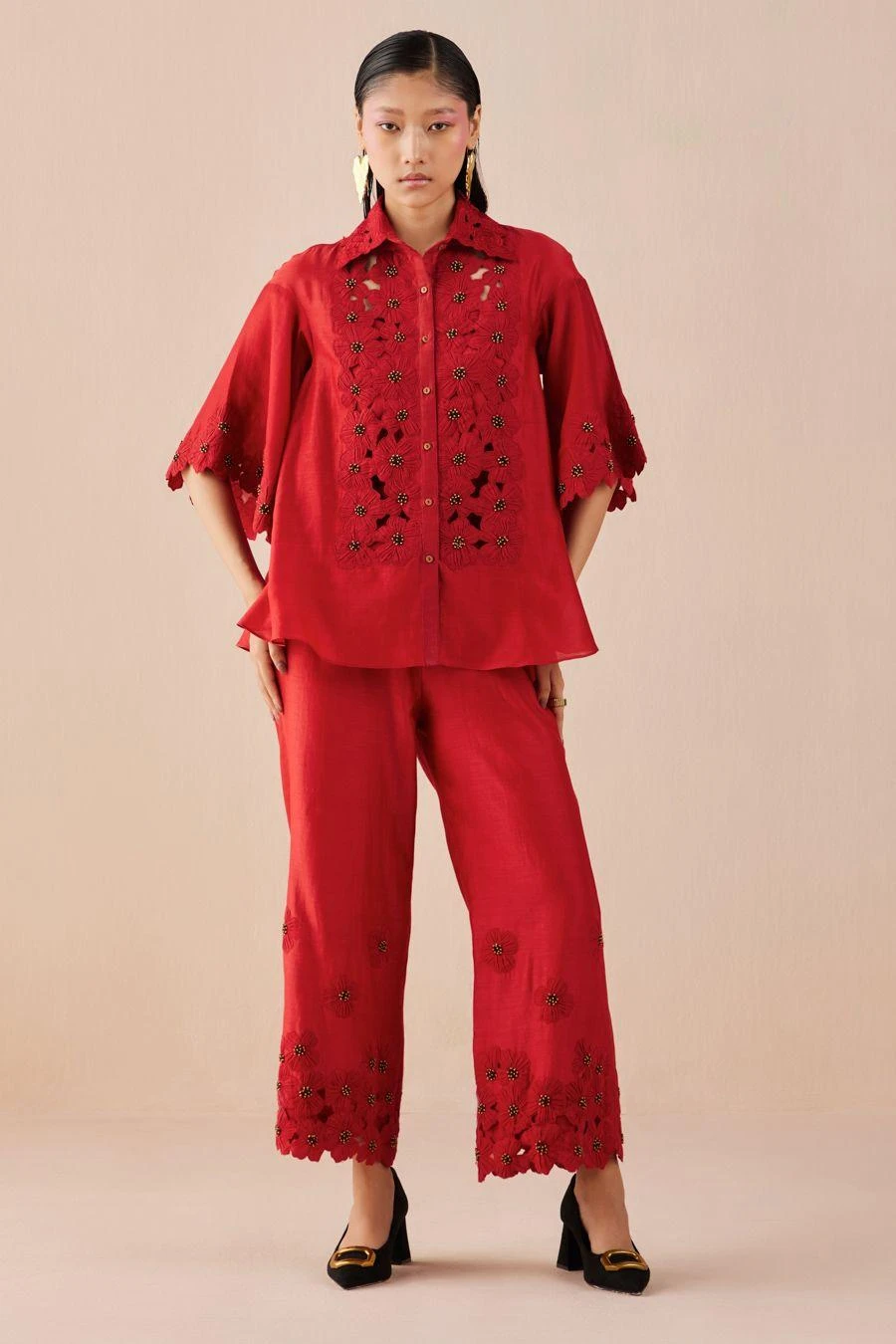 Chandrima Red Poppy Applique Shirt 1 Chandrima Red Poppy Applique Shirt