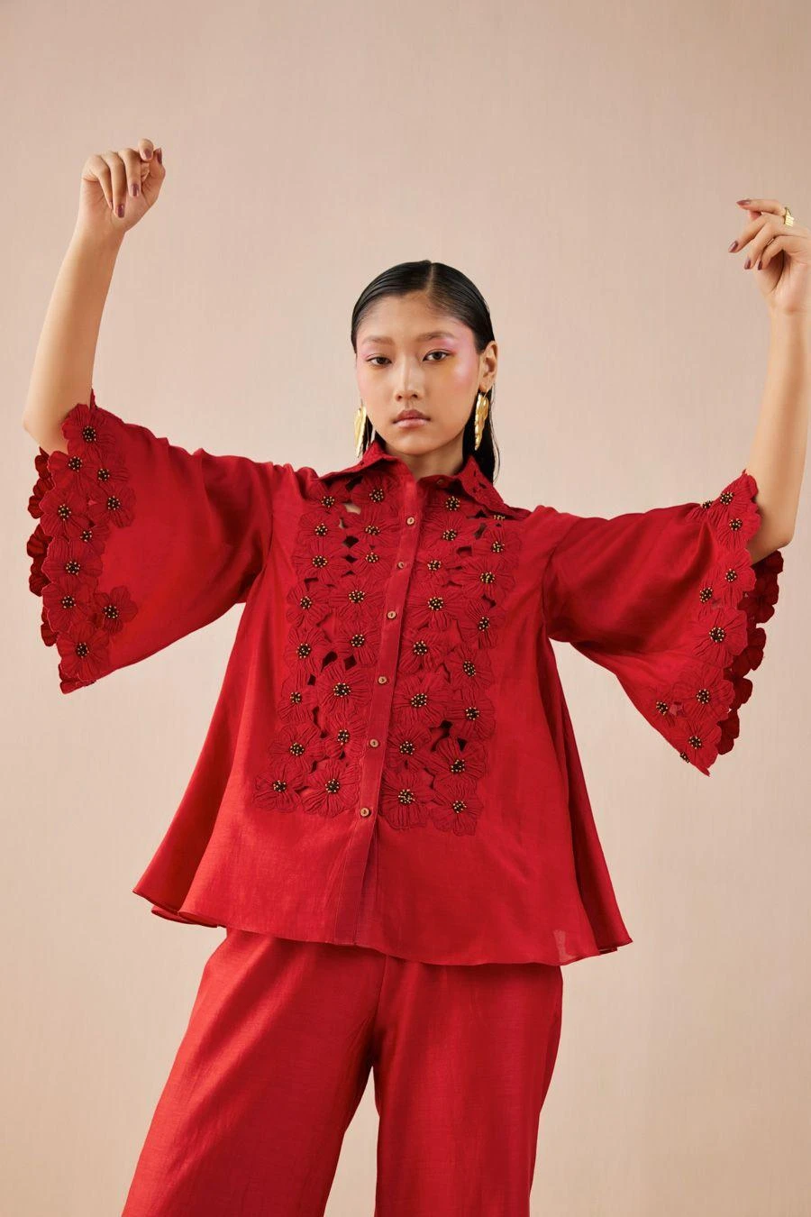 Chandrima Red Poppy Applique Shirt 2 Chandrima Red Poppy Applique Shirt - Image 2