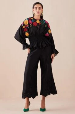 Chandrima Black Waist Ruched Applique Top