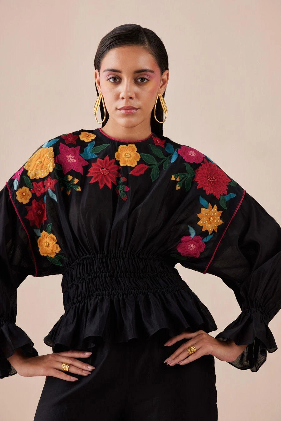 Chandrima Black Waist Ruched Applique Top 2 Chandrima Black Waist Ruched Applique Top - Image 2