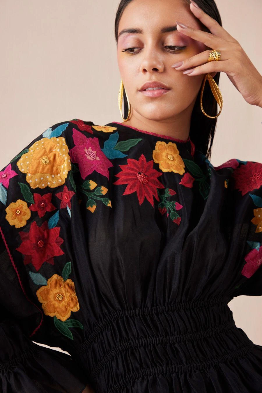 Chandrima Black Waist Ruched Applique Top 4 Chandrima Black Waist Ruched Applique Top - Image 4