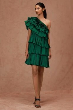 Shriya Som Emerald Green Pleated One Shoulder Dress