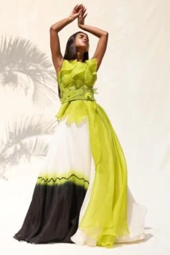 Richa Khemka Lime Green Ruffled Lehenga Set