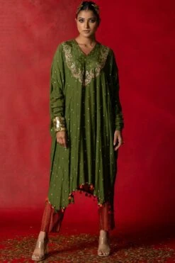 Pooja Keyur Olive Green Embroidered Kaftan Set