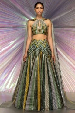 Amit Aggarwal Striped Metallic Starburst Green Lehenga Set