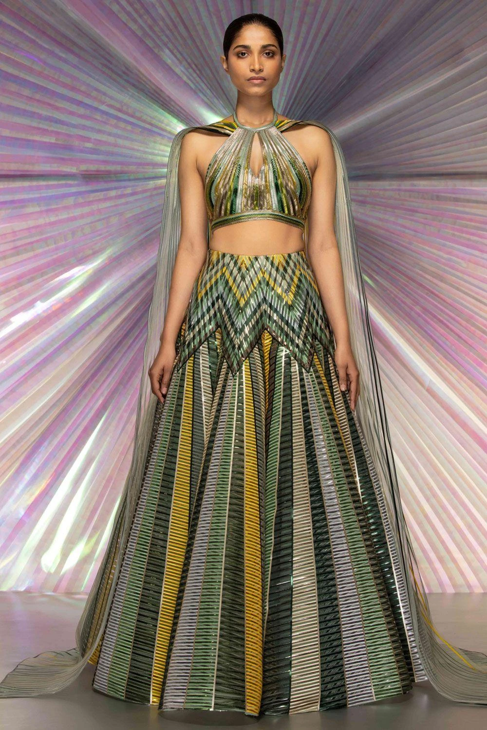 Amit Aggarwal Striped Metallic Starburst Green Lehenga Set 1 Amit Aggarwal Striped Metallic Starburst Green Lehenga Set