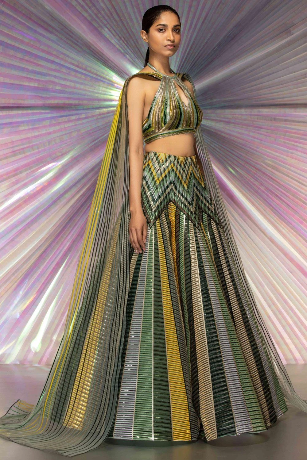 Amit Aggarwal Striped Metallic Starburst Green Lehenga Set 2 Amit Aggarwal Striped Metallic Starburst Green Lehenga Set - Image 2