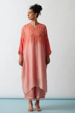 ONE NOT TWO Coral Ombre Floral Embellished Kaftan Set