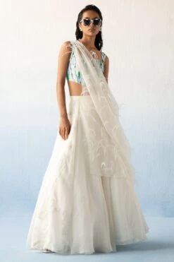 Richa Khemka White Ribbon Applique Skirt Set