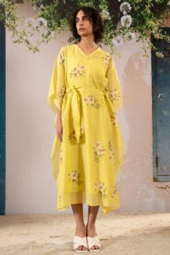 Arcvsh By Pallavi Singh Lemon Yellow Dahlia Printed Kaftan