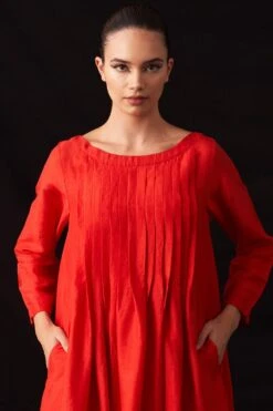 Amrich Fio Scarlet Red Hand-Woven Silk Pleated Dress -Echo Clohting Shop 41123am1 3