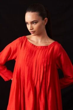 Amrich Fio Scarlet Red Hand-Woven Silk Pleated Dress -Echo Clohting Shop 41123am1 4