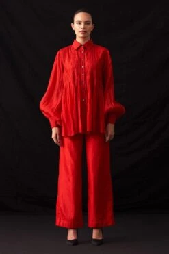 Amrich Resha Rich Red Silk Woven Straight Trouser