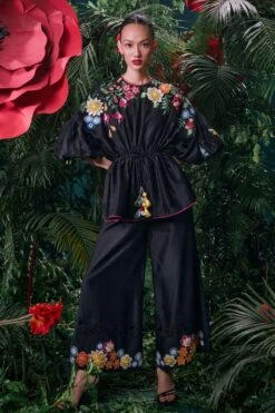 Chandrima Black 3D Floral Pants