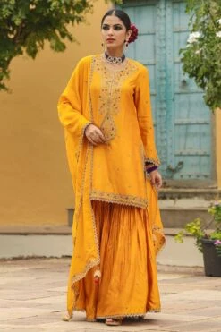 Niti Bothra Golden Yellow Bird Embroidered Sharara Set