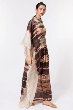 CAPISVIRLEO Ivory & Brown Tie-dye Collared Kaftan -Echo Clohting Shop 44cp4 3